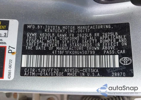 2017 Toyota Camry Se из США, поврежденный, VIN 4T1BF1FK0HU450799